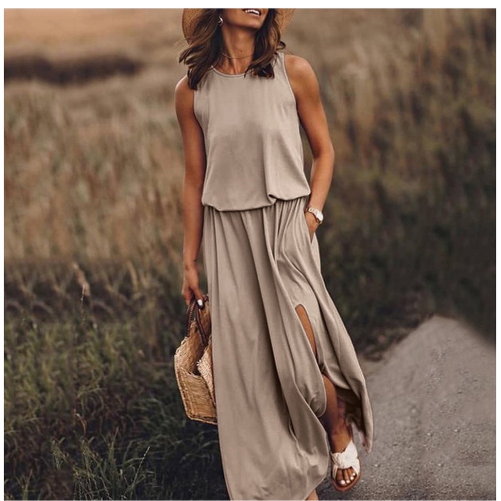 Women Sleeveless Casual Summer Swing Long Dresses, Round Neck, Khaki Medium